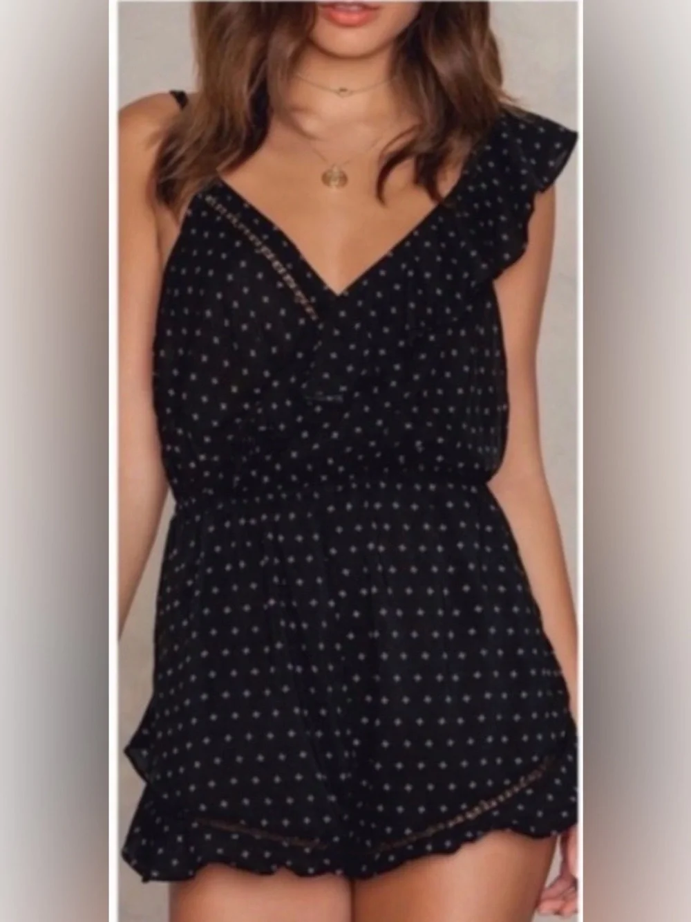 Free People Black Camisole Romper with White Polka Dot Print